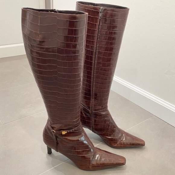 Ralph Lauren Brown Croc Knee High Boots - Picture 1 of 5